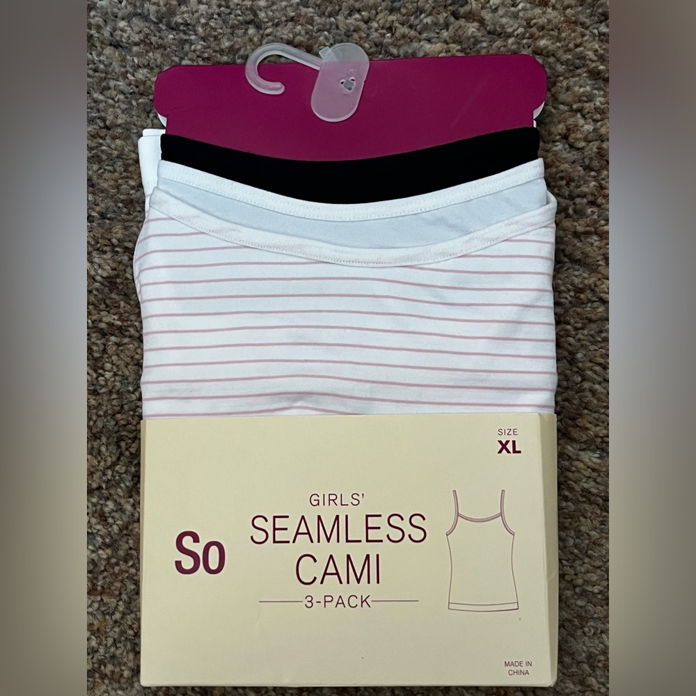 NEW - 3-Pack So Girls Seamleas Camo Spaghetti Tank Tops Girls XL - Black, White+